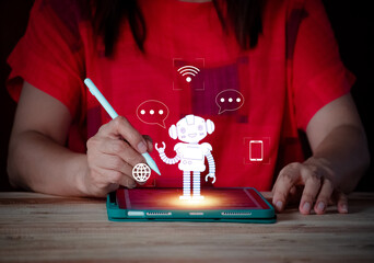 Smart woman using tablet with artificial intelligence icon on screen. Technology and innovation...