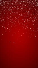 Snowy christmas background. Subtle flying snow flakes and stars on christmas red background. Delicate sweet snowy christmas. Vertical vector illustration.