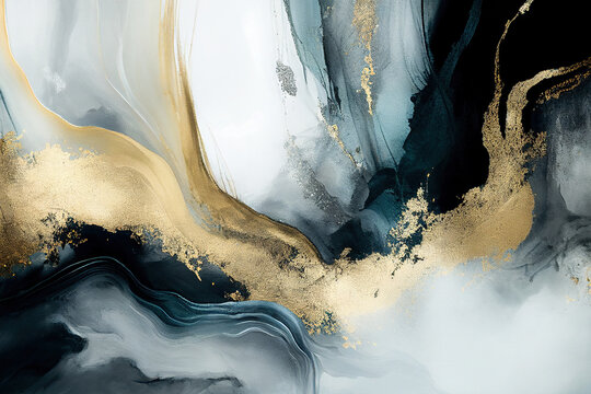 Abstract gray, white and gold painting. AI
