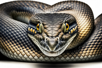 closeup of a majestic and calm king cobra snake coiled up on a white background. Generative AI