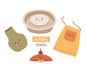 Set of pottery studio related objects like apron, lamp, pot, wheel. Cute kawaii stickers for kids pottery classes