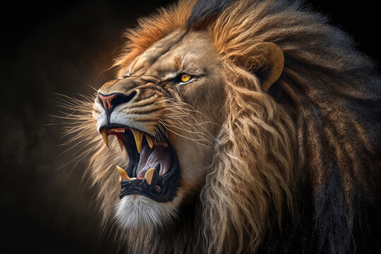 Close-up of a big angry lion roaring on a defocused black background. Generative AI