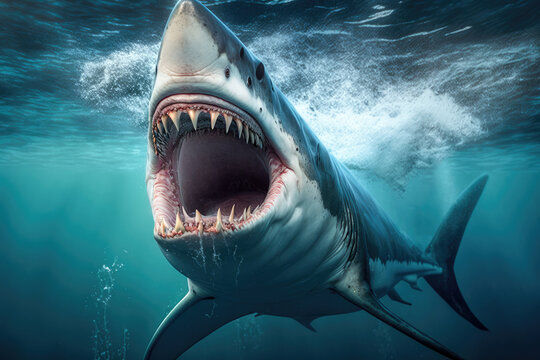 terrifying single great white shark, with its mouth open ready to attack. Generative AI