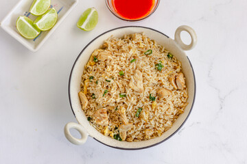 Top Down Asian Fried Rice Photo, Close Up Top View Chicken Fried Rice with Lemon and Condiment