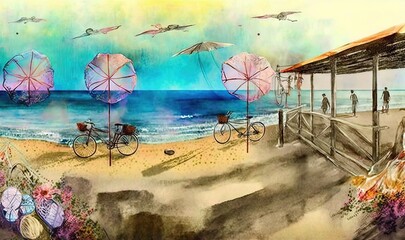  a painting of a beach scene with umbrellas and bicycles.  generative ai