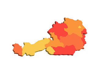 Austria political map of administrative divisions - federal states. 3D map in shades of orange color.