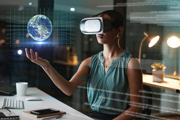 Vr, 3d earth and business woman in office with global overlay, digital hologram or cyber network at night. Virtual reality, world metaverse and female with holographic future globe for globalization - obrazy, fototapety, plakaty