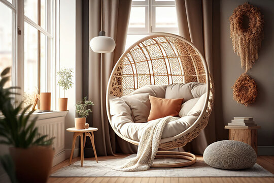 Room interior with comfortable cocoon armchair. Ai generative