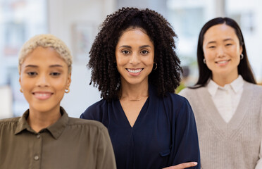 Black woman, portrait smile and empowerment in leadership, teamwork or vision at the office....