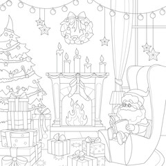 Fototapeta na wymiar Cartoon Santa Claus character reading book in armchair in living room sketch template. Graphic winter season vector illustration in black and white for game. Coloring paper, page, childrens story book