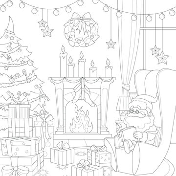 Cartoon Santa Claus character reading book in armchair in living room sketch template. Graphic winter season vector illustration in black and white for game. Coloring paper, page, childrens story book