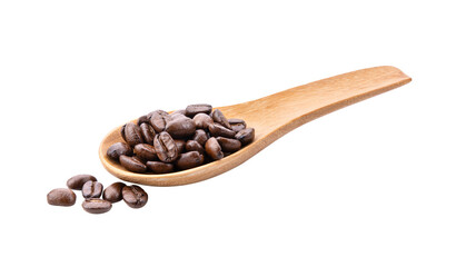 roasted coffee beans in wood spoon isolated on transparent png