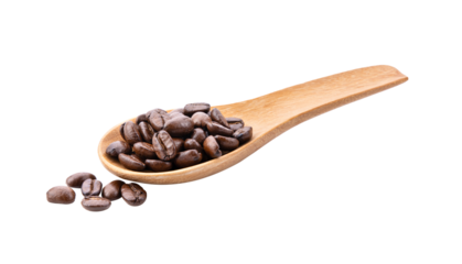 roasted coffee beans in wood spoon isolated on transparent png