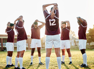 Rugby, sports and stretching with a team getting ready for training or competitive game on a field. Fitness, sport and preparation with a man athlete group in a warm up before an outdoor summer match