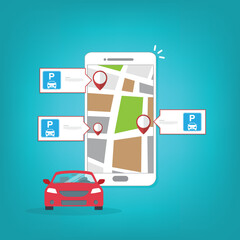 Online application for finding parking spaces, city parking. Smart city parking mobile app concept. Urban traffic technology	