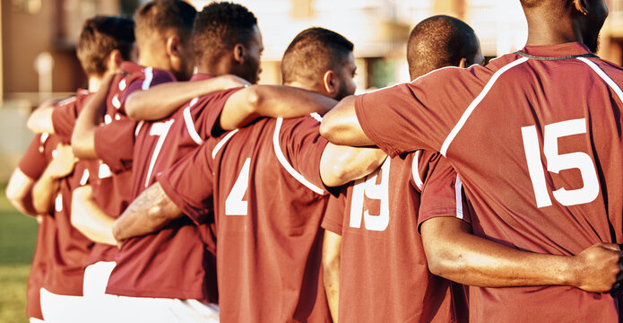 Sports, men and rugby team hug on field for support, training and fitness exercise. Athlete group people train for teamwork, competition game and diversity with workout and performance in solidarity