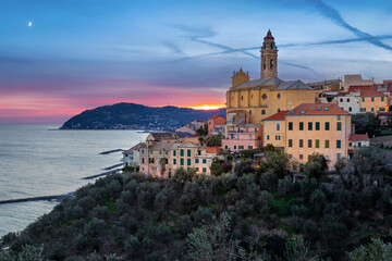 Cervo - medieval hilltop town at dusk, Liguria, Italyy