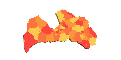 Latvia political map of administrative divisions - municipalities and cities. 3D map in shades of orange color.