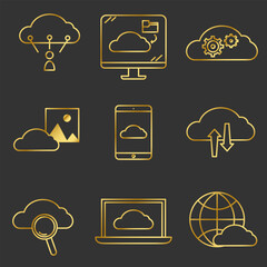 Icons set of Cloud storage. Group of pictograms for online backup. Isolated on black background. Vector eps10. Gold colors gradient