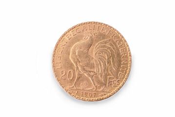 French ancient gold coin. 20 francs. 1907. Reverse