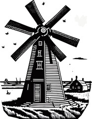 Landscape with windmill, engraving style