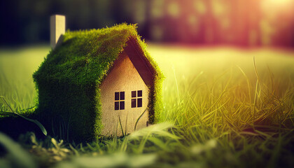 A small house covered with grass and moss. The concept of ecology, unity with nature. Ai generative.