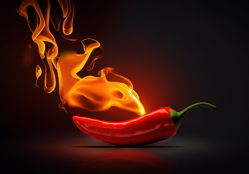 Hot red chili pepper on fire background. Ai generative.