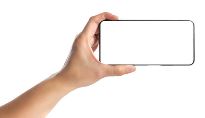 Hand holding smartphone with blank screen,mockup with copy space for advertising online