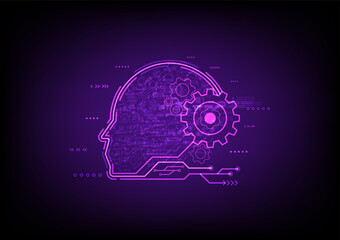 abstract background future technology artificial intelligence robot learning imagination It has a bright face and cogs. Hi-tech pattern inside Elements and circuits on a bright purple background