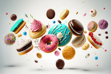 Fotobehang Donuts, cupcakes, cookies, and macarons flying generative ai © Ecleposs