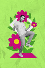 Composite creative collage photo banner of youngster funny boyfriend raise fists up celebrate march holiday flowers isolated on green background
