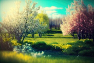 Beautiful blurred spring background nature with blooming glade, trees, and blue sky on a sunny day generative ai illustration
