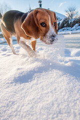 młody beagle bawiący się w śniegu - obrazy, fototapety, plakaty