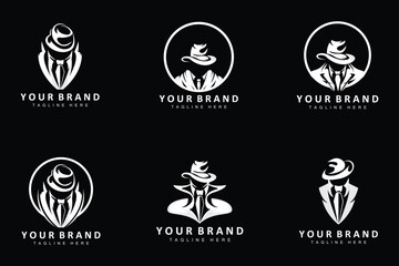 Fototapeta na wymiar Mafia Logo Design, Tuxedo Suit Icon, Vector Businessman, Logo Detective, Brand Label