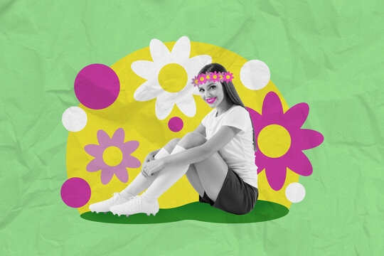 Composite collage photo of adorable cute football player lady sitting wear head flowers wreath accessory springtime isolated on painted background