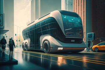 Sci-fi futuristic city bus, self-driven transportation concept generative ai 3D style Illustration 