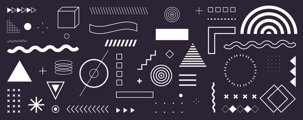 Geometric shapes and memphis design, retro elements, vintage, advertisement, commercial banner, poster, billboard, sale, halftone geometric shapes flat vector illustration.