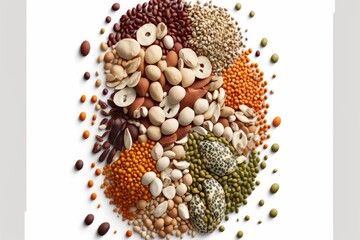 Mixed dry uncooked legumes isolated on white background generative ai