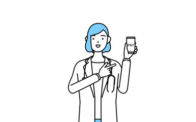 スマホのキャッシュレス・オンライン決済を勧める白衣を着た女性医師