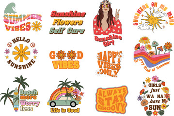 Colorful set of summer vibes Inspirational quotes and doodles in 70s retro design. Pop art style graphics for T-shirts, posters, cards and stickers.