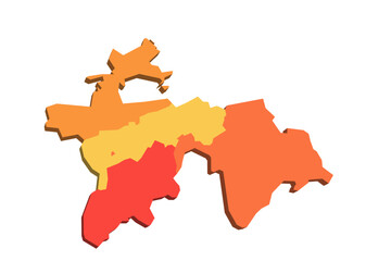 Tajikistan political map of administrative divisions - regions, autonomous region of Gorno-Badakhshan, districts of Republican Subordination and capital city of Dushanbe. 3D map in shades of orange