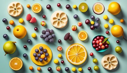  a variety of fruits are arranged on a blue surface, including oranges, raspberries, lemons, and grapes.  generative ai