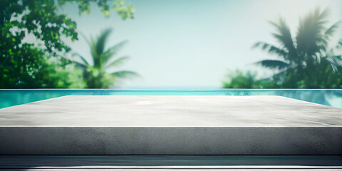 Empty poolside surface with summer travel hotel swimming pool background. Generative ai - obrazy, fototapety, plakaty