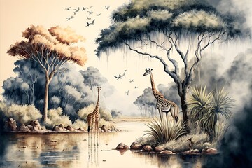 Watercolor painting style, high quality digital art, landscape on an African tropical forest with trees next to a river with giraffes and birds - obrazy, fototapety, plakaty