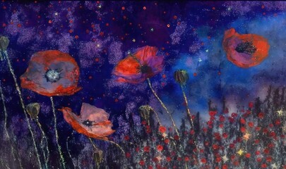 Obraz premium a painting of red flowers in a field of blue grass. generative ai