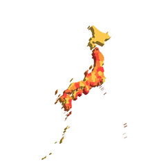 Japan political map of administrative divisions - prefectures, metropilis Tokyo, territory Hokaido and urban prefectures Kyoto and Osaka. 3D map in shades of orange color.