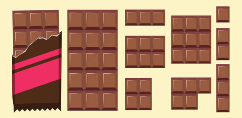 Chocolate bar  and Chocolate pieces of different sizes. Pieces of chocolate flat design cartoon style