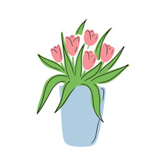 Beautiful pink tulip flowers bouquet in blue pastel pot vase isolated on white background. Hand drawn simple flat cartoon doodle illustration in pastel colors. International women's day, floral logo.