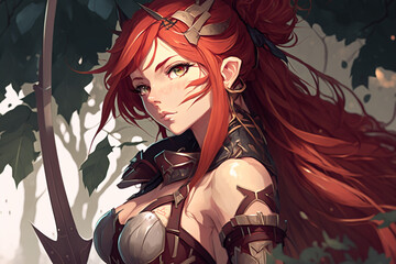 Beautifull red hair woman elf with armor and orange eyes