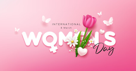 Fototapeta Happy women's day with tulip flowers and butterfly banner design on pink background, EPS10 Vector illustration.
 obraz
